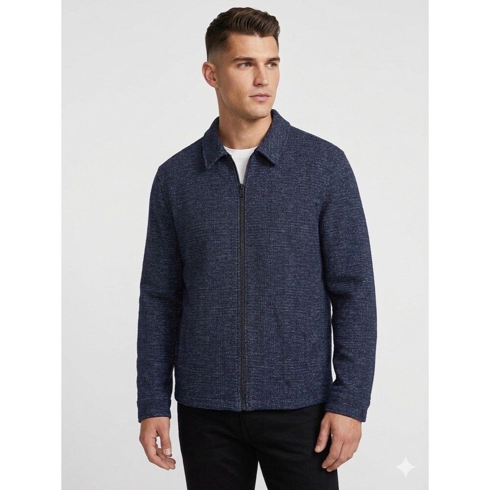 Express Plaid Full Zip Bomber Jacket Mens L Point Collar Wool Deep Indigo New